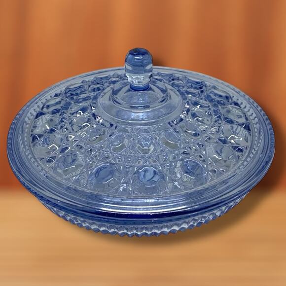 Vintage Indiana Glass Windsor Button & Cane Blue Candy Dish Bowl With Lid - Picture 2 of 7